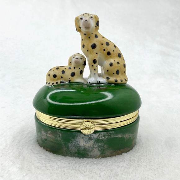 Vintage Fitz and Floyd Spotted Dalmatian Dogs Trinket Box Green Porcelain 1985 - Picture 1 of 11